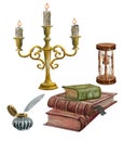 Vintage still life with old books.candelabra candlestick, hourglass, antique ,inkwell ,watercolor illustration. Royalty Free Stock Photo